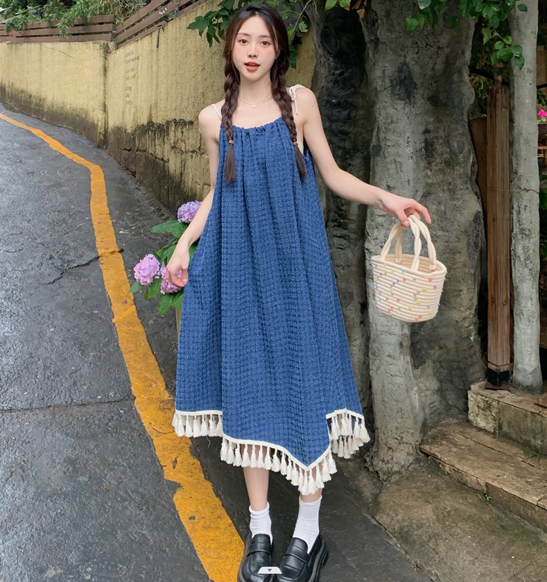實拍夏裝新款大碼女裝chic簡約下擺流蘇吊帶牛仔連衣裙S-5XL200斤