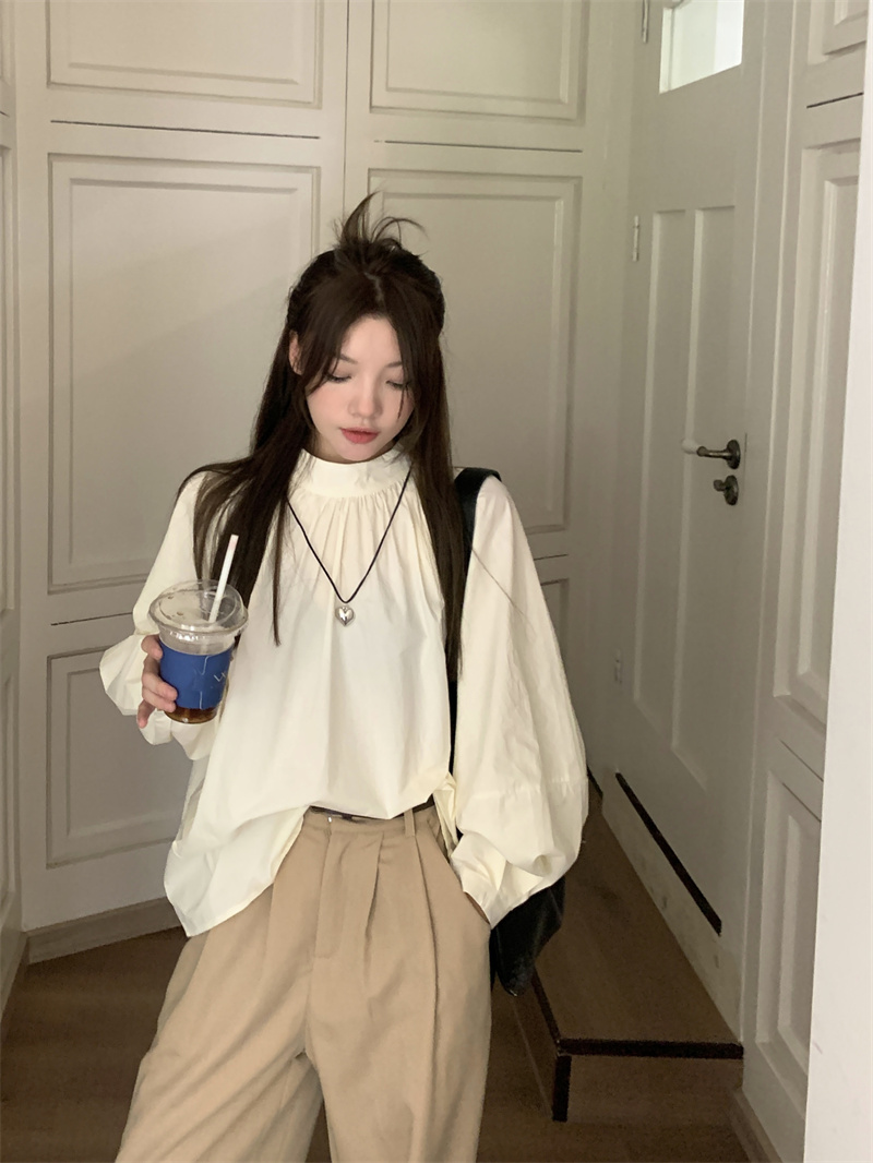 實拍~韓版chic極簡主義氣質設立領計感寬鬆燈籠袖襯衫上衣女