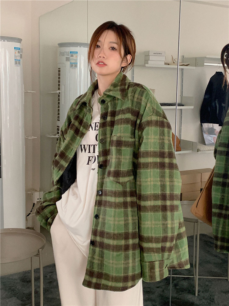 復古格子襯衫女秋季2024新款呢子寬鬆中長款外穿休閒長袖開衫上衣