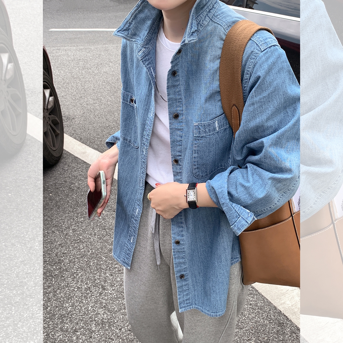 莉貝琳sisy牛仔襯衫女2024早春新款寬鬆休閒通勤淺藍色復古藍外套