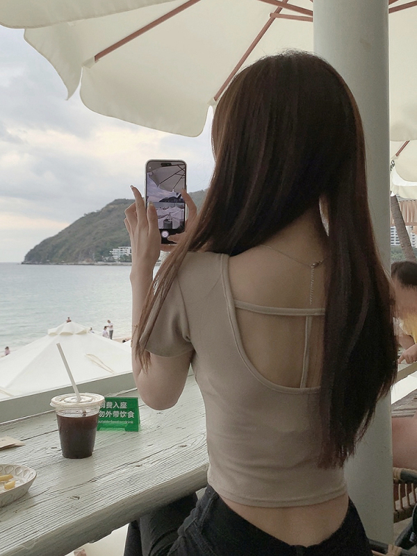 原創~實拍~純欲風修身顯瘦露背短袖T恤女夏短上衣辣妹