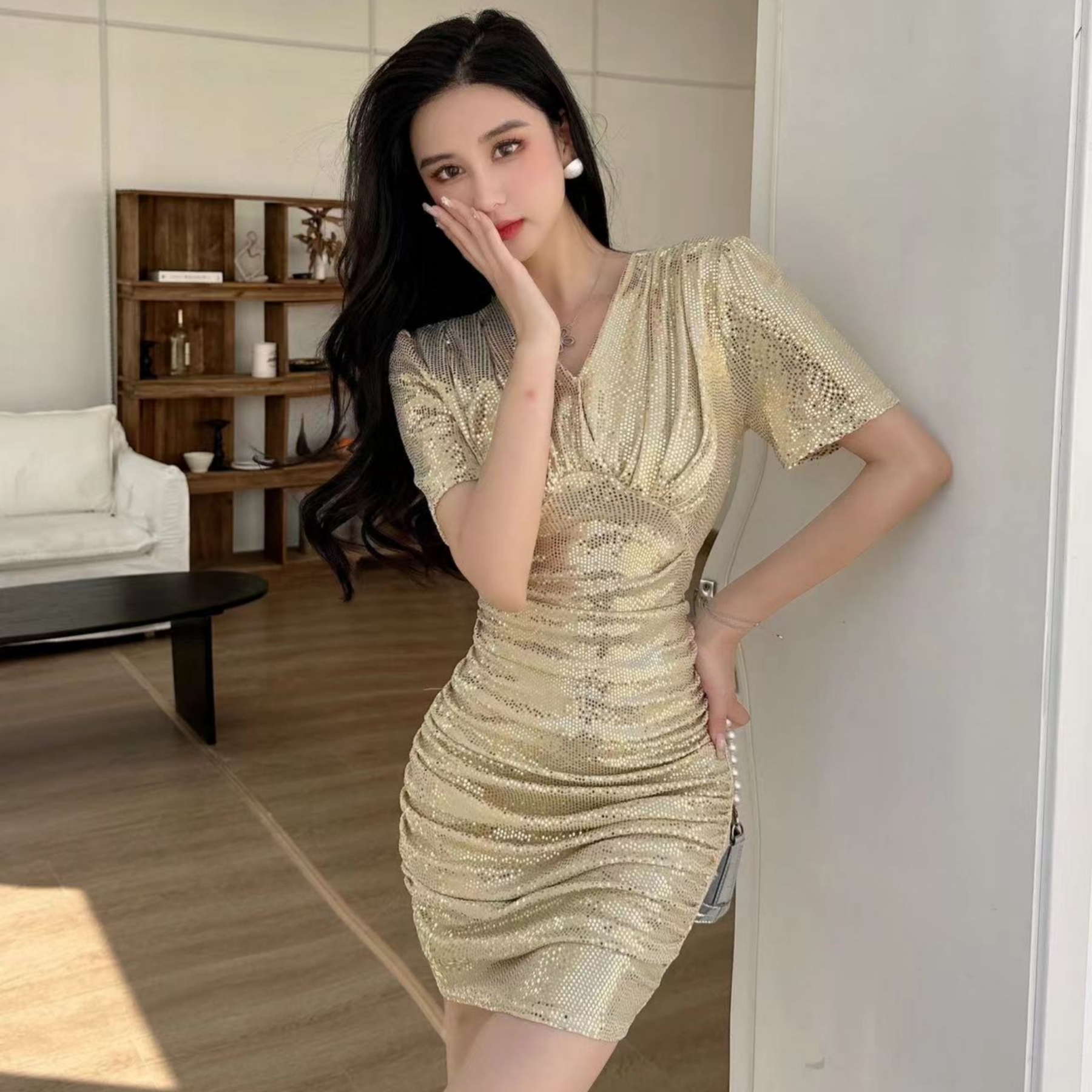 實拍氣質亮片連衣裙女 夜場性感時尚女神范顯瘦晚禮服裙
