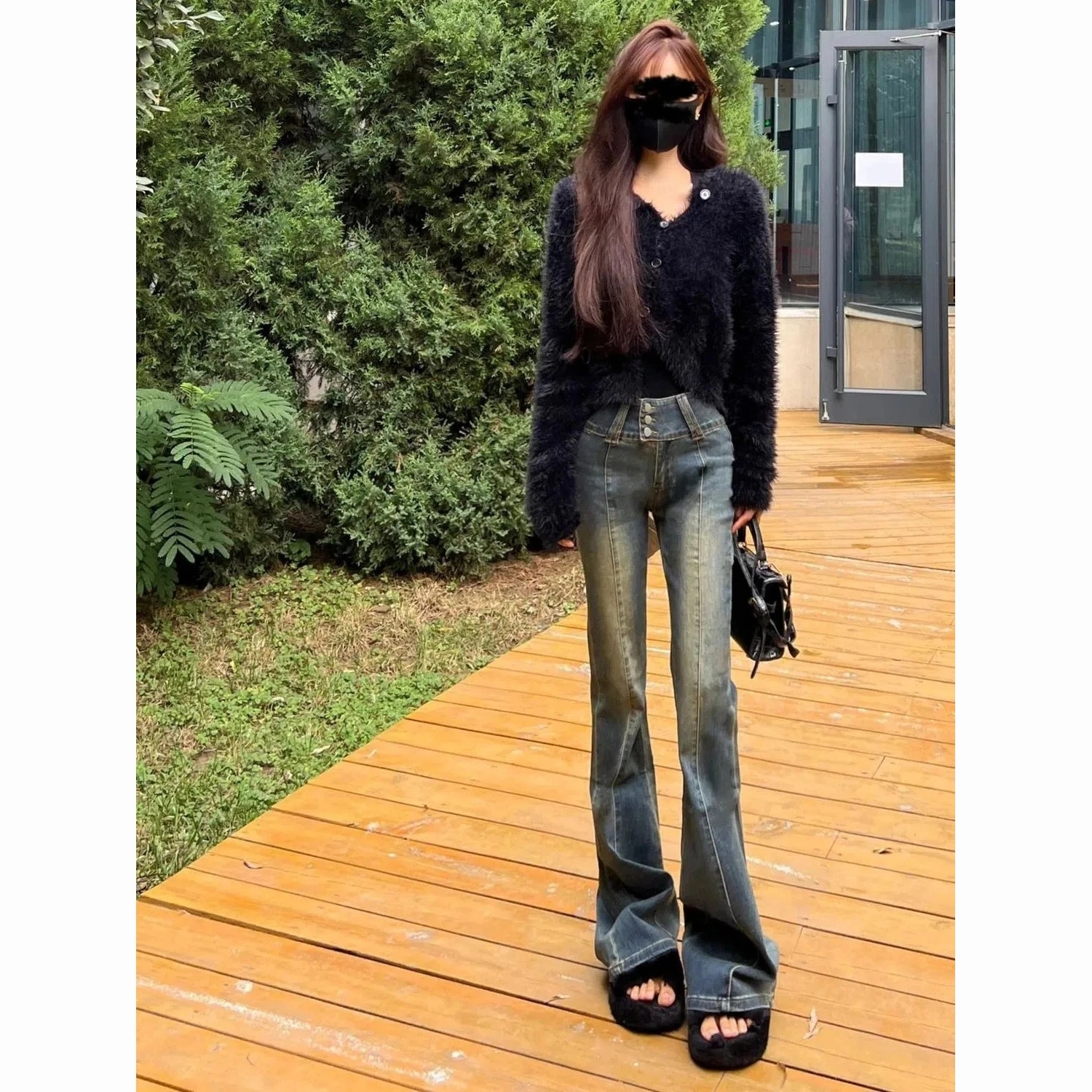 2024新款高腰修身藍色微喇牛仔褲女春秋顯瘦闊腿百搭喇叭褲子女潮