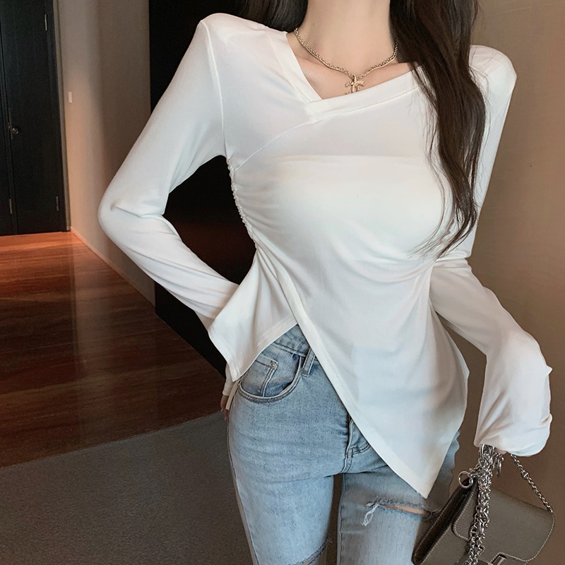 純欲辣妹不規則抽繩長袖T恤女設計感小眾修身打底衫內搭別致上衣