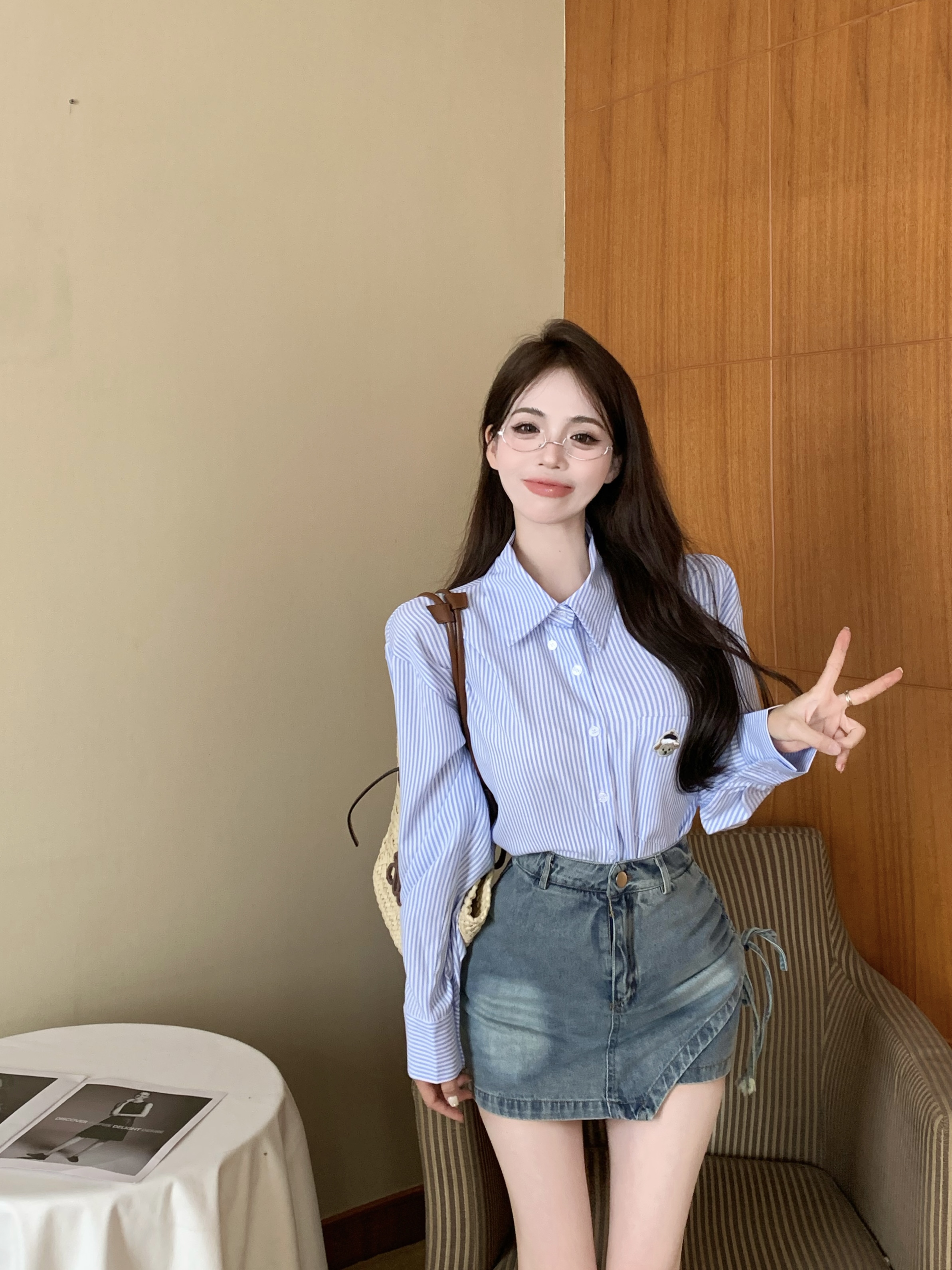 實拍！甜辣不規則抽繩高腰牛仔短裙褲裙女條紋長袖襯衫兩件套