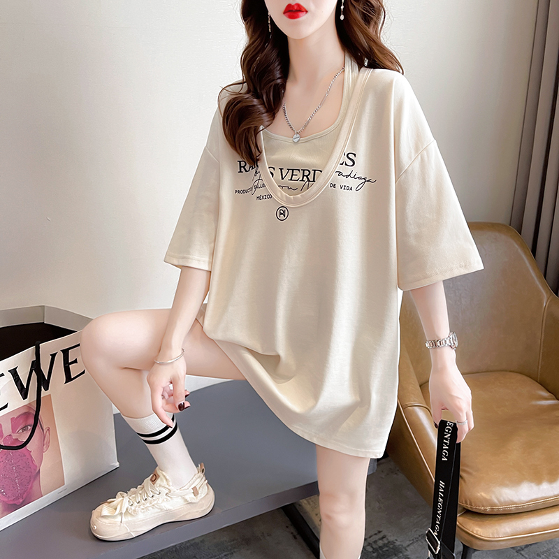 實拍 質量夏裝韓版寬鬆字母刺繡兩件套中長款大碼短袖T恤女
