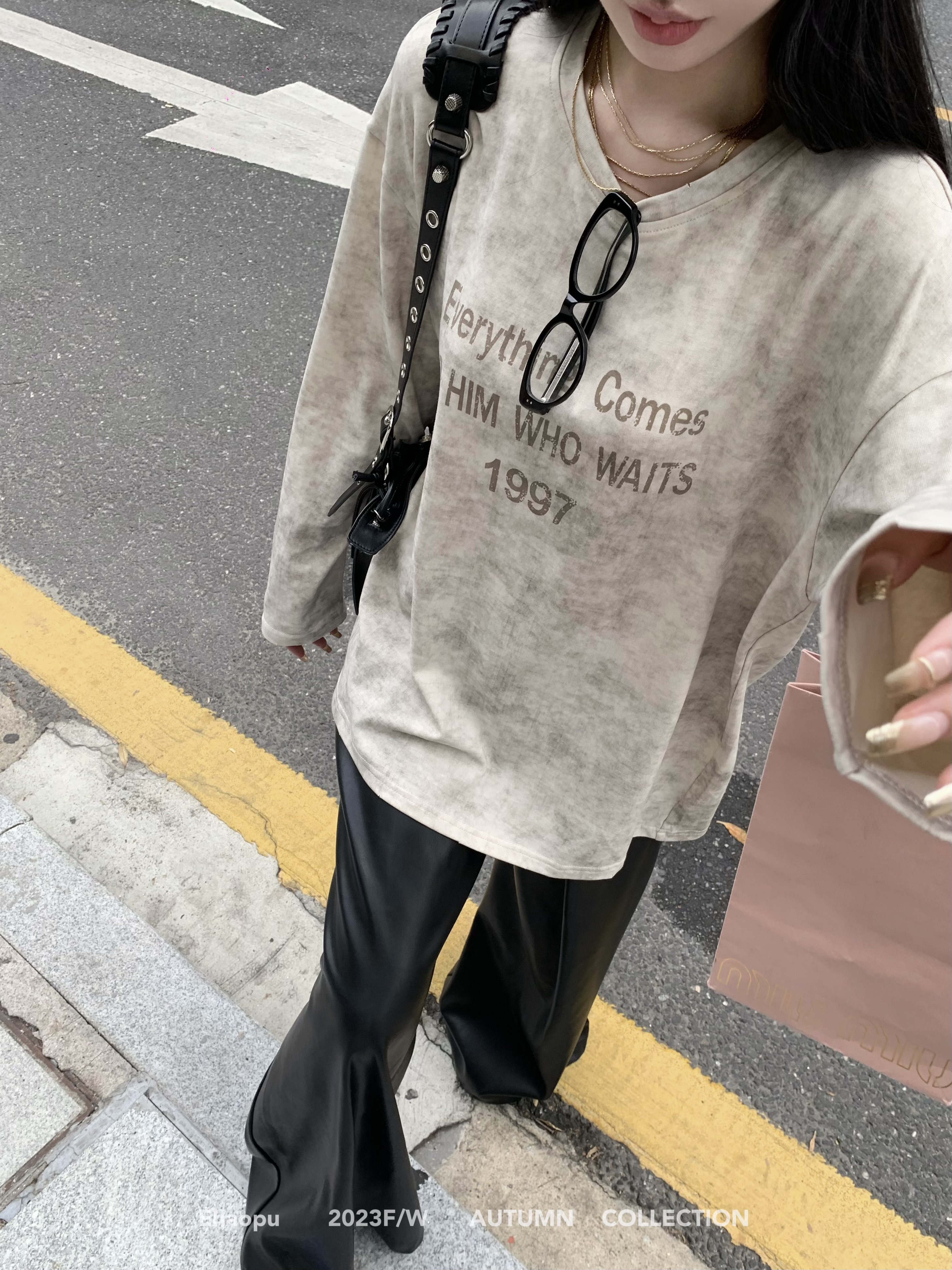 實拍 字母印花針織長袖T恤女冬季新款寬鬆圓領內搭打底
