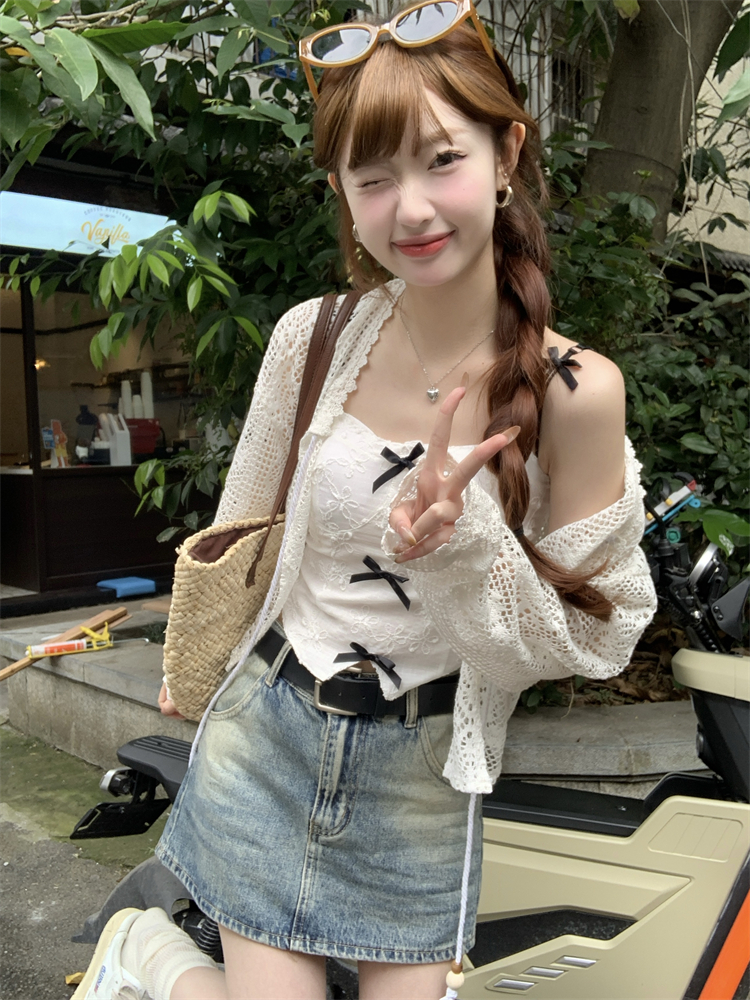 實拍 春夏季新款修身顯瘦性感蝴蝶結吊帶背心女+鏤空長袖開衫套裝