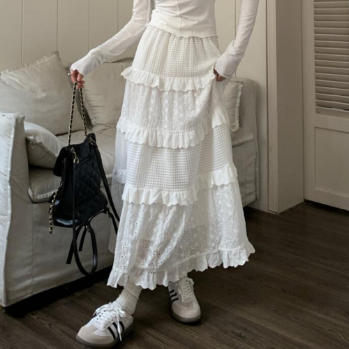 kumikumi gentle style hollow crochet skirt women's spring high-waisted A-line cake skirt long skirt white skirt