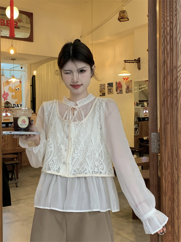 實拍 2024春季新款氣質寬鬆喇叭袖假兩件蕾絲馬甲雪紡襯衫女上衣
