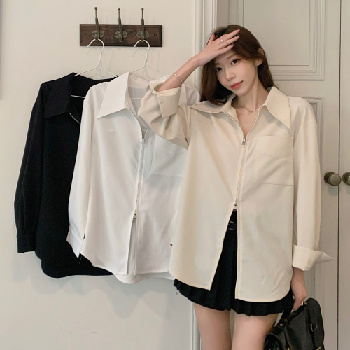 66046 Real shot of large size women's French zipper white long-sleeved shirt women's jacket design and temperament shirt