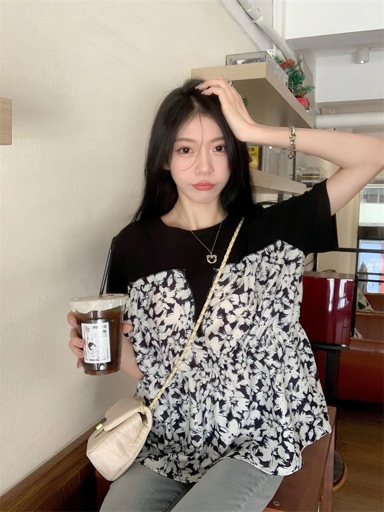0020實拍～大碼碎花拼接t恤女甜美風別致漂亮小衫短袖上衣