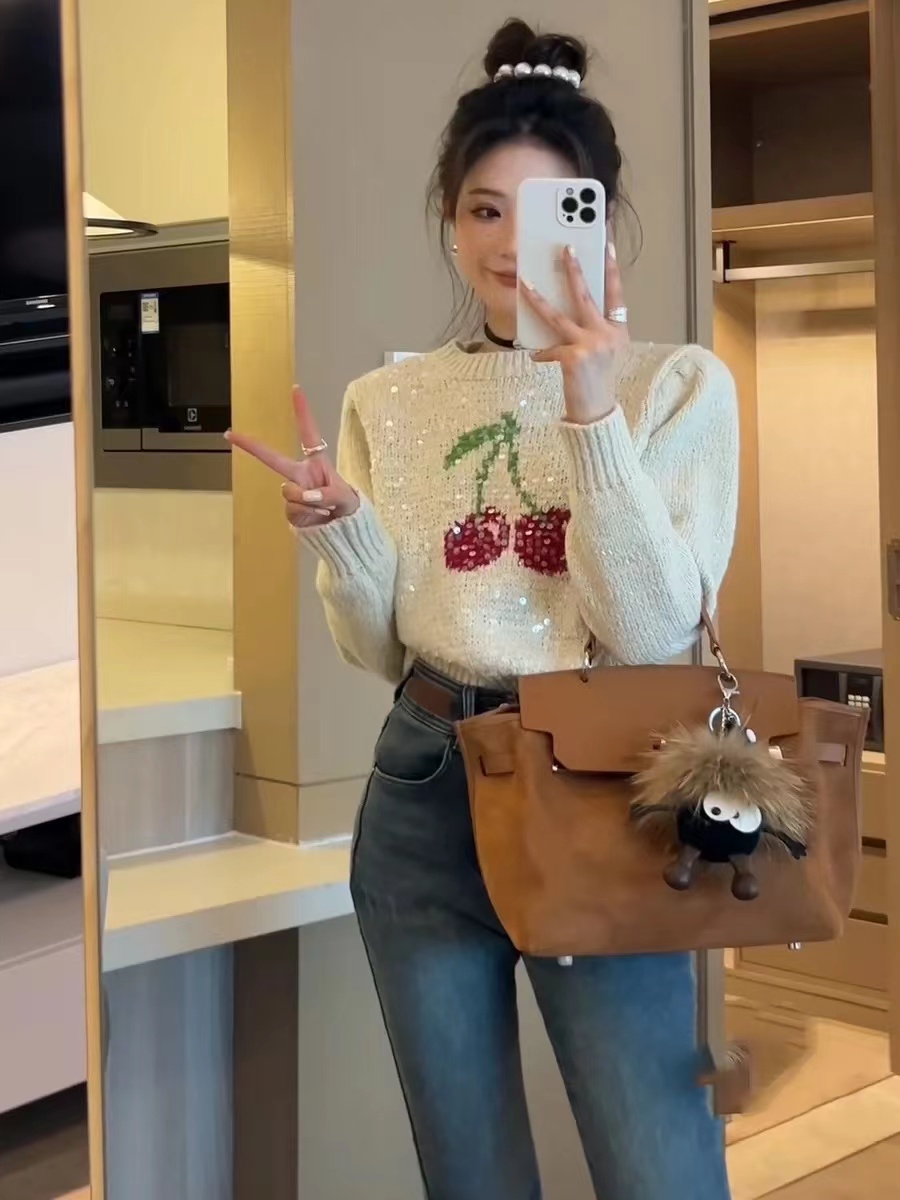 圓領亮片笑臉針織衫冬季新款女時尚重工慵懶風設計感短款毛衣上衣