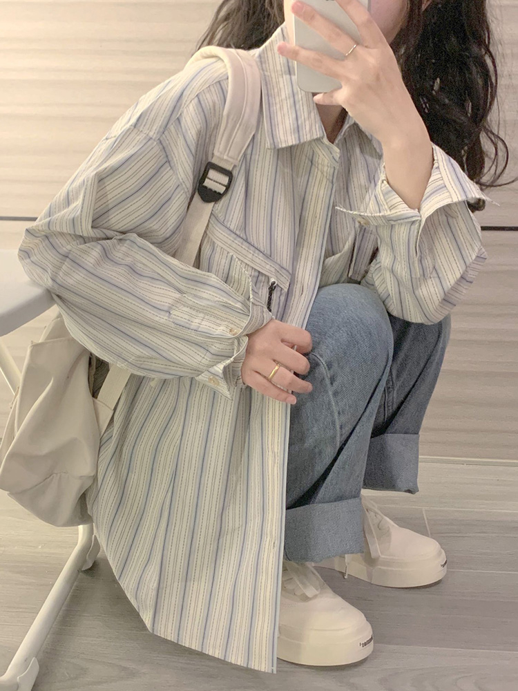 藍色條紋襯衫女夏季防曬薄款設計感小眾防曬襯衣外套長袖別致上衣