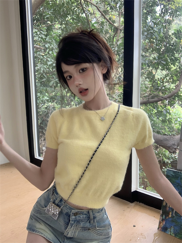 實拍韓版軟糯黃色仿水貂絨針織新款洋氣修身短款圓領上衣