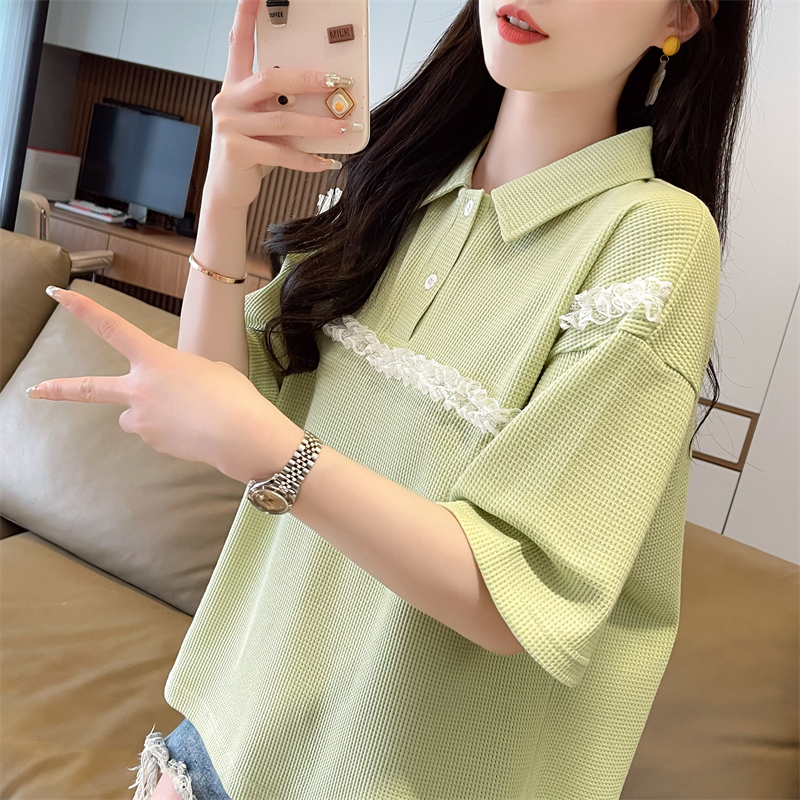 實拍 2024夏季新款韓版寬鬆POLO領蕾絲花邊短袖T恤女