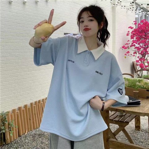 Waffle short-sleeved T-shirt girls summer new style loose polo shirt sports top for junior high school and high school students