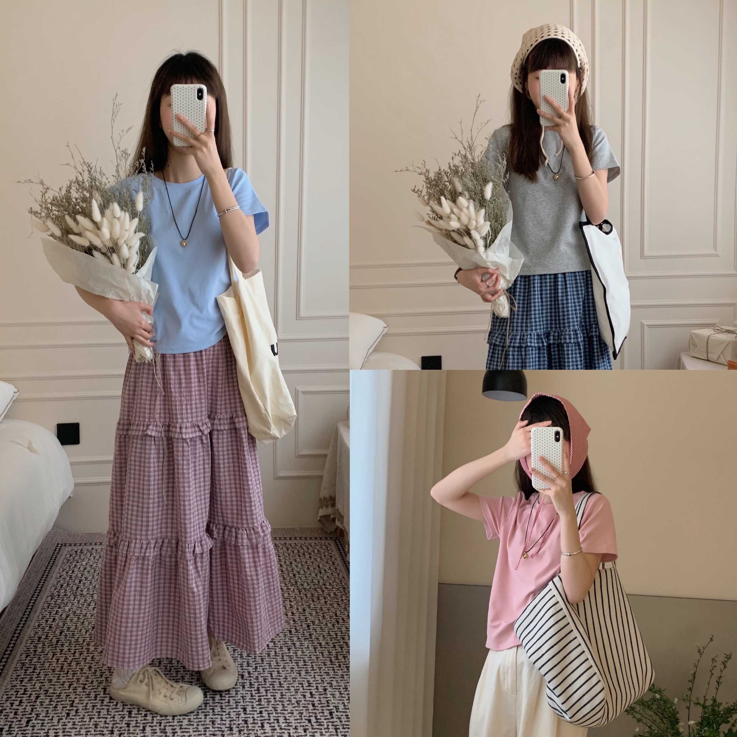 Real shot of pure cotton right shoulder T-shirt, slim fit, colorful T-shirt vs. plaid ear skirt