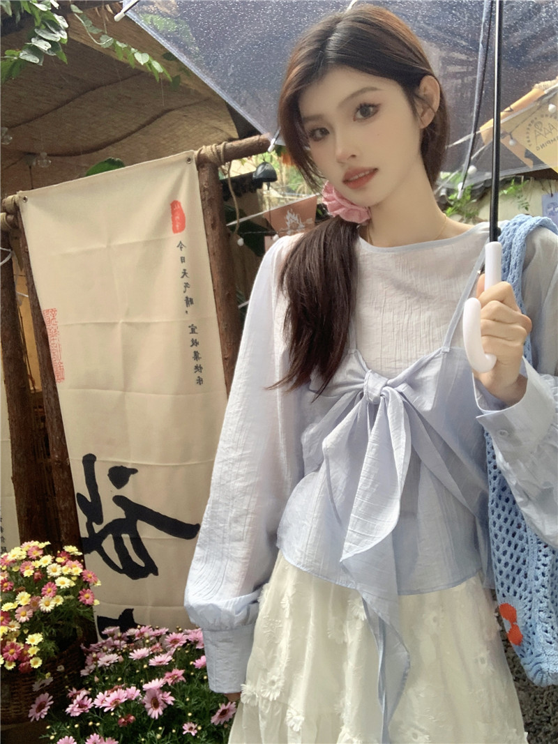 Actual shot of Korean chic gentle temperament round neck bow tie design two-wear versatile shirt