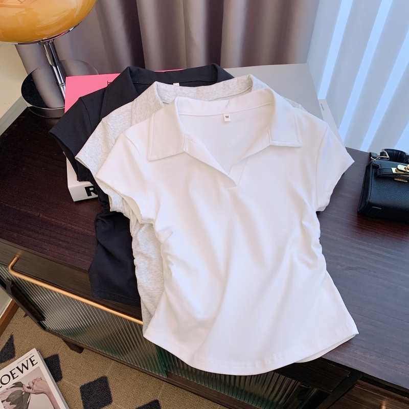 實拍純棉 2024夏裝新款polo領收腰設計感短袖T恤女