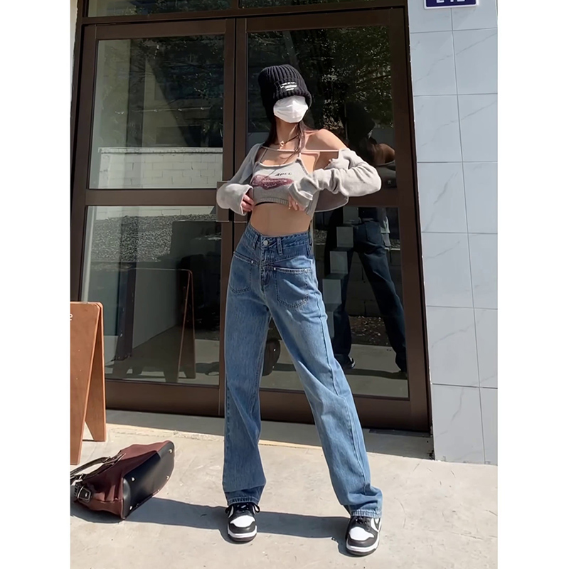 復古牛仔褲女春秋季新款高腰顯瘦闊腿寬鬆小個子直筒拖地牛仔褲潮