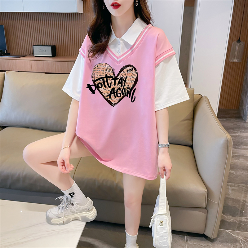 Real shot 2024 summer Korean style loose fake two-piece cartoon print M-3XL large size short-sleeved T-shirt for women