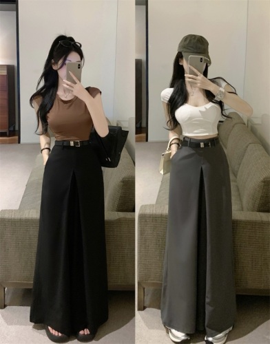 Real shot of high-split wide-leg culottes for women 2024 spring new retro high-waisted loose casual trousers