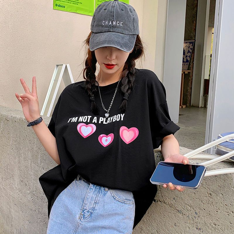 白色愛心印花短袖T恤女夏季新款百搭寬鬆韓系ins潮短袖女上衣