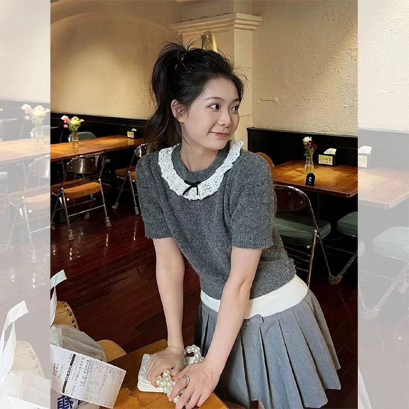 蕾絲拼接娃娃領針織上衣灰色菱形格學院風毛衣搭灰色半身裙兩件套