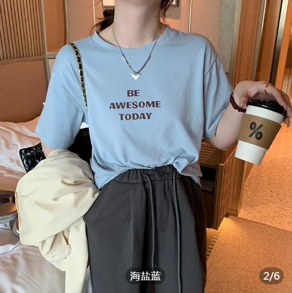 短袖t恤女夏白色寬鬆設計感小眾字母印花圓領上衣