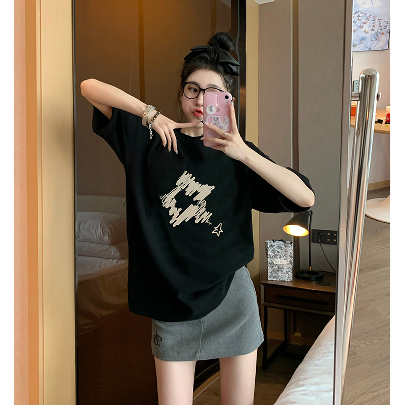 230克純棉包領高品質天貓質量2024初夏短袖純棉印花T恤女