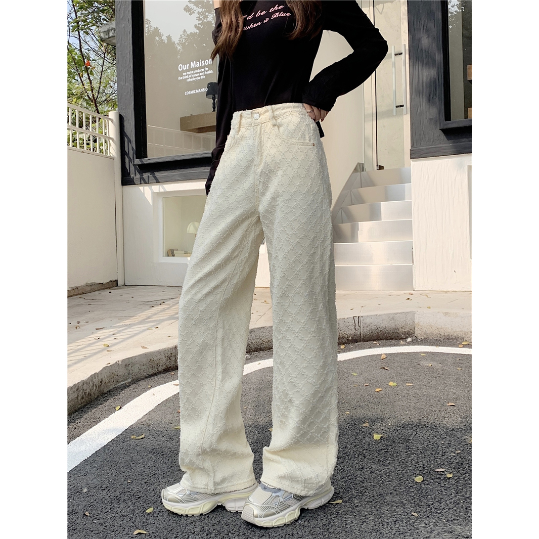 Actual shot~New high-waisted loose straight jacquard denim wide-leg pants for women