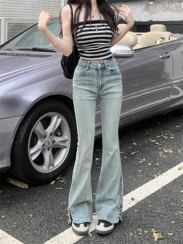 Actual shot of new high-waisted stretchy slightly slit slim fit versatile long jeans for women