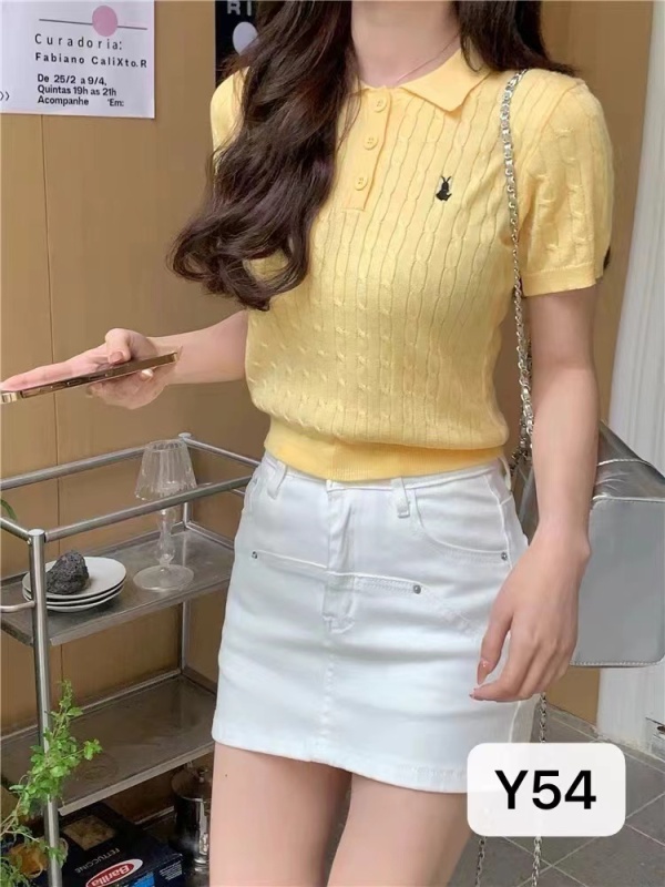 famouswang2024年夏季新款學院風polo領麻花兔子針織短袖上衣女