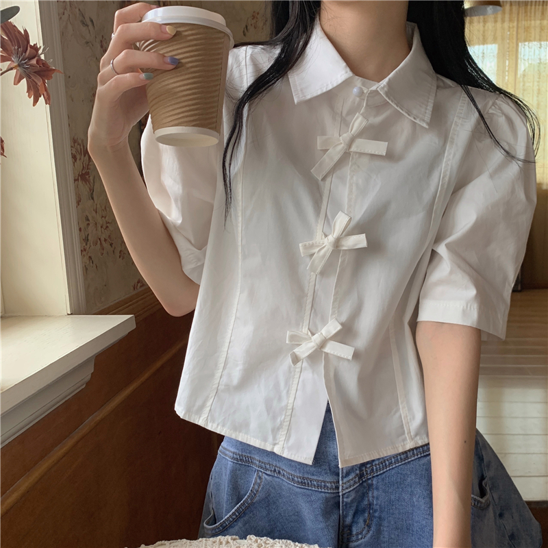 復古POLO領系帶白色短袖襯衫女百搭顯瘦短款襯衣新款時尚純色上衣