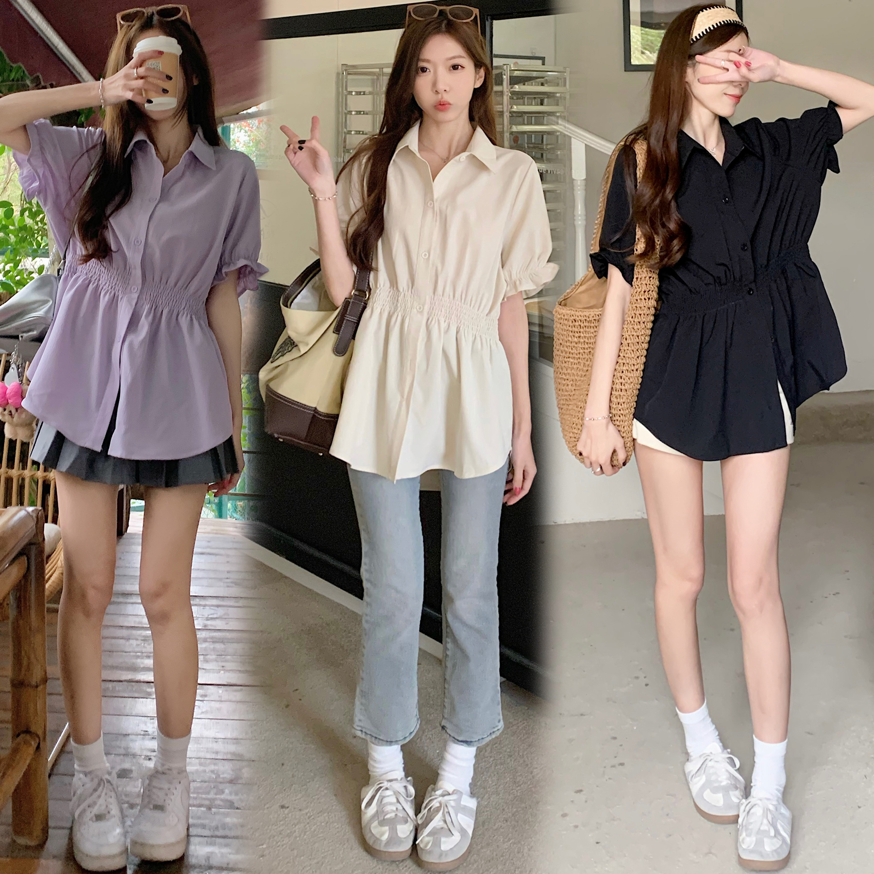240008實拍~大碼女裝收腰遮肚洋氣襯衫女夏季設計感短袖襯衣