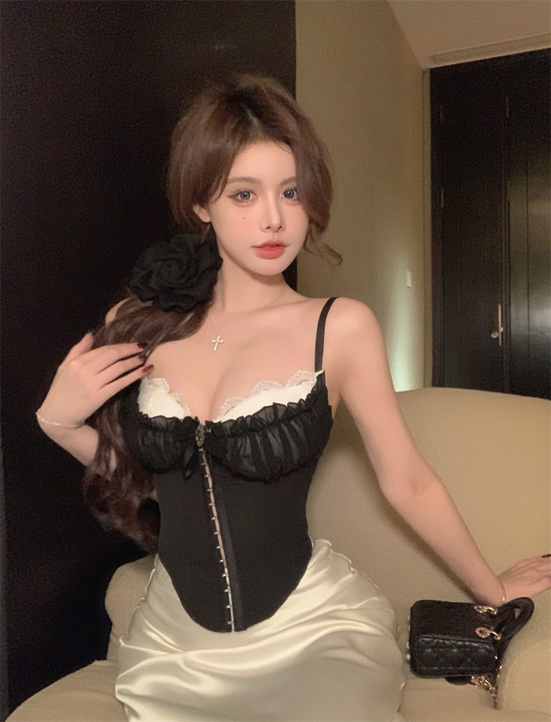 實拍~歐式宮廷性感蕾絲假兩件魚骨排扣小吊帶短款顯瘦上衣