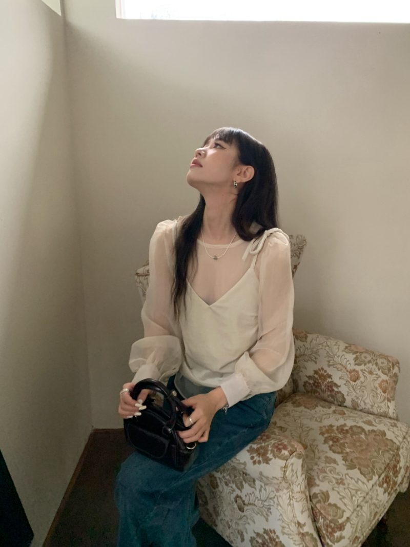 實拍溫柔透明網紗上衣絲絨吊帶兩件套