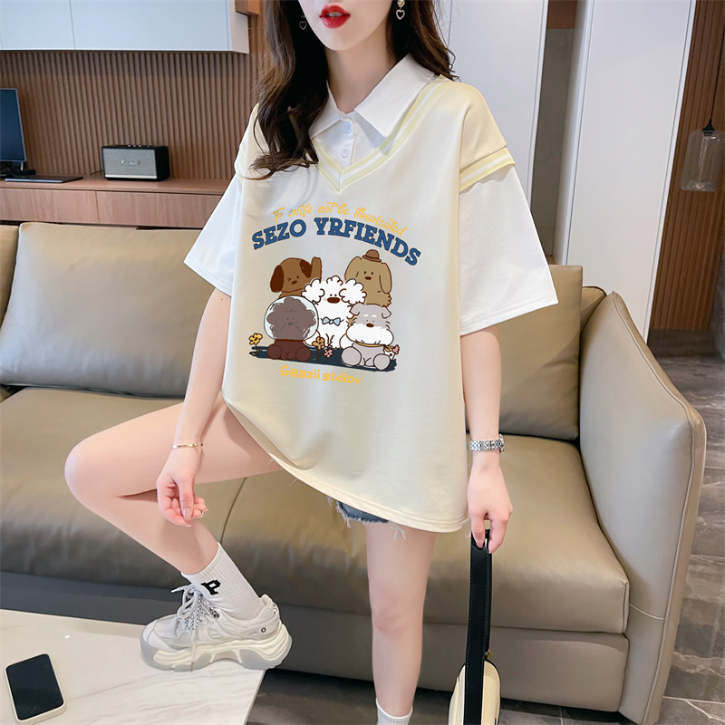 實拍 2024夏裝韓版寬鬆假兩件卡通印花M-3XL大碼短袖T恤女