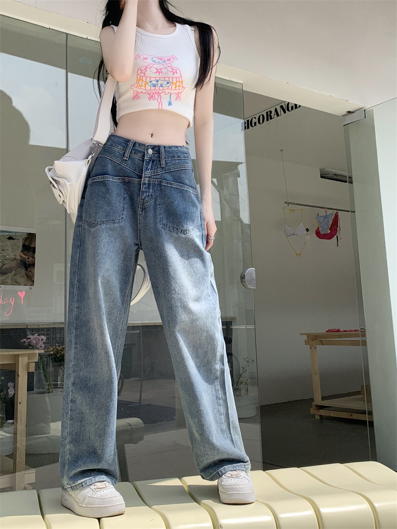 實拍 新款高腰寬鬆直筒百搭長牛仔褲女