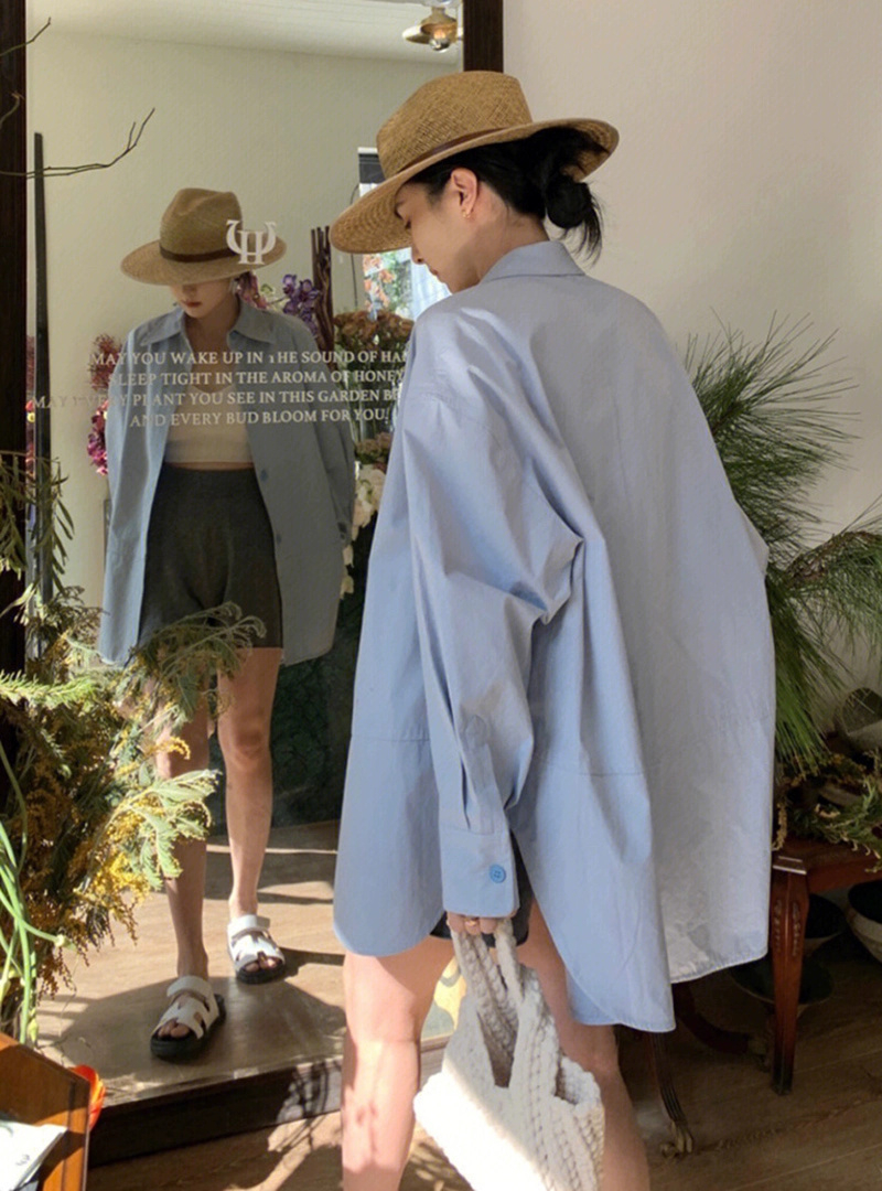 韓版hiphop藍色長袖襯衫女春秋寬鬆oversize慵懶風百搭休閒襯衣潮