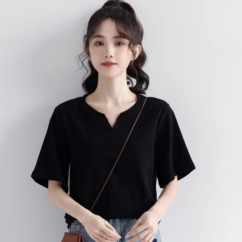 Official picture 92 cotton/8 spandex 40 count 210g pure cotton black short-sleeved T-shirt women's summer V-neck