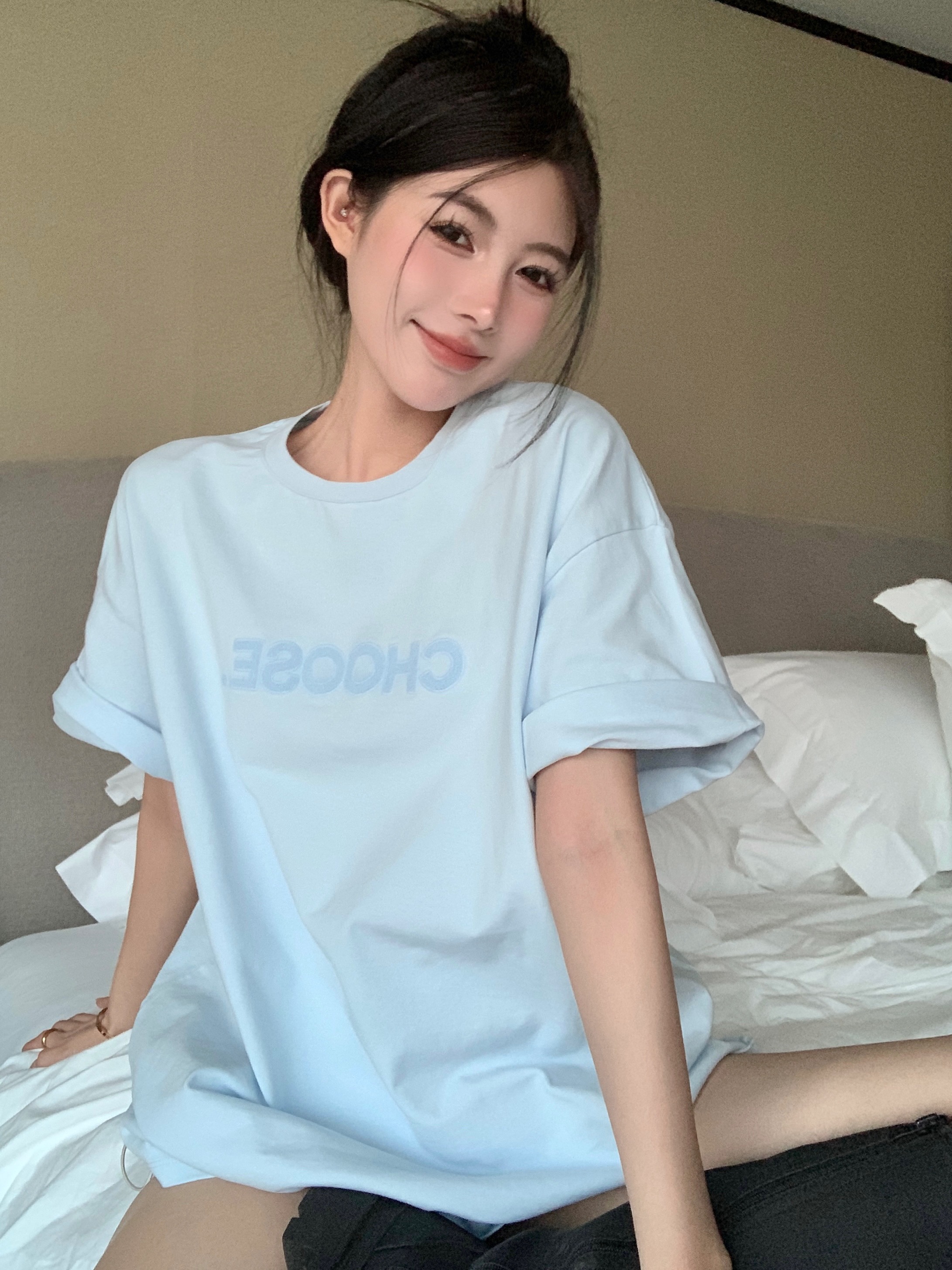 實拍 簡約慵懶風寬鬆t恤休閒百搭bf洋氣短袖上衣