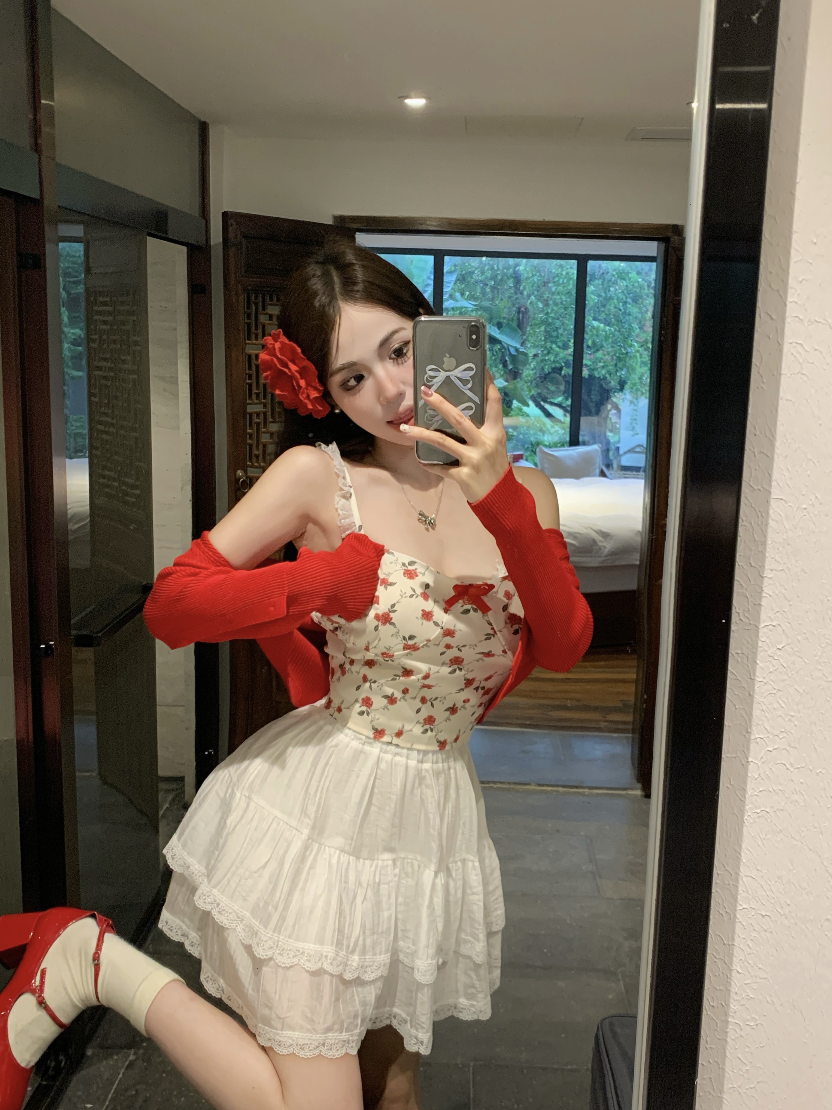 實拍！甜美純欲溫柔風碎花吊帶開衫花邊半身裙三件套套裝
