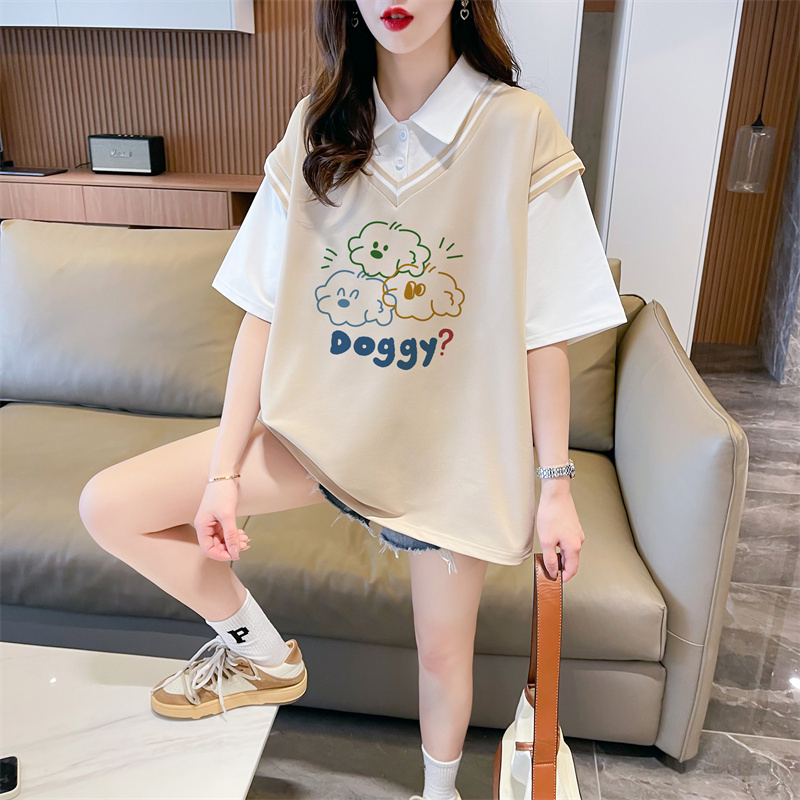 實拍 2024夏裝韓版寬鬆假兩件卡通印花M-3XL大碼短袖T恤女