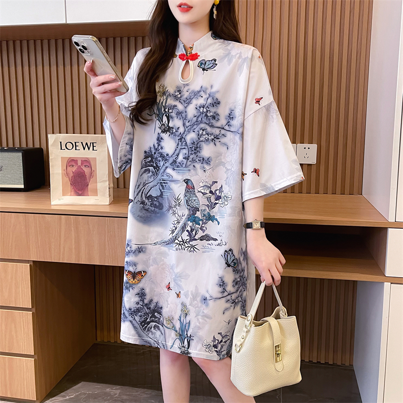 實拍 新款改良旗袍短袖t恤女中長款設計感炸街半袖T恤裙子