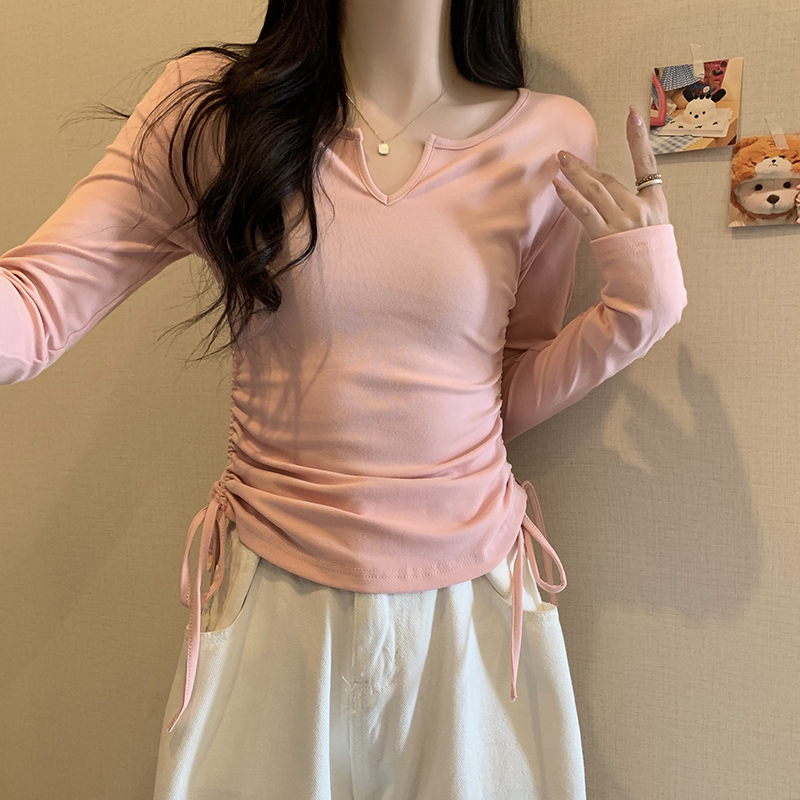 顯瘦舞蹈服上衣女長袖修身抽繩t恤春秋設計感短款上衣內搭打底衫