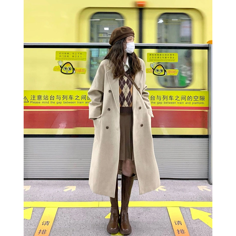 有燙 大鈕 360克 長款毛呢大衣女秋冬季英倫風外套小個子高級感
