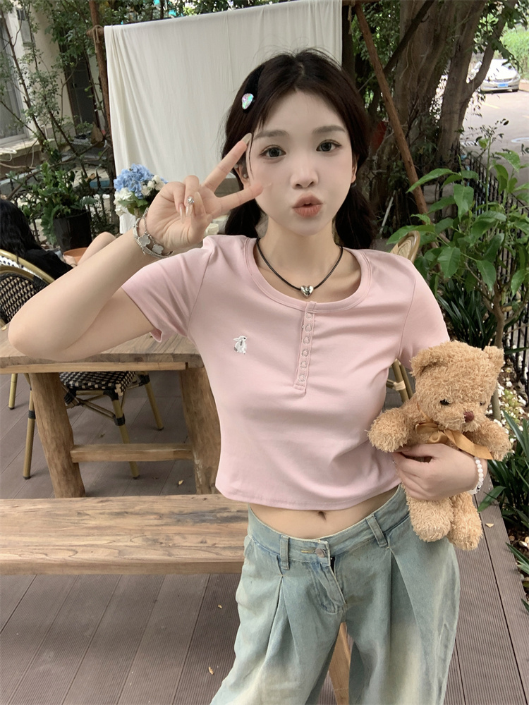 實拍！童趣刺繡甜辣短款T恤上衣女