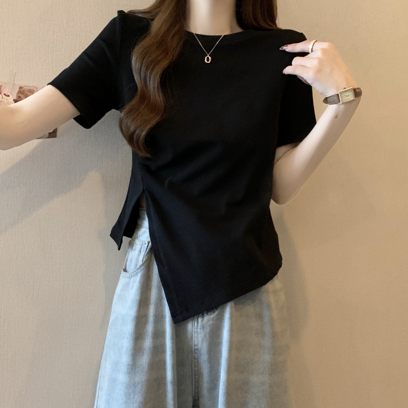 實拍  40支純棉 2024夏裝設計感小眾抽繩短袖T恤女純色